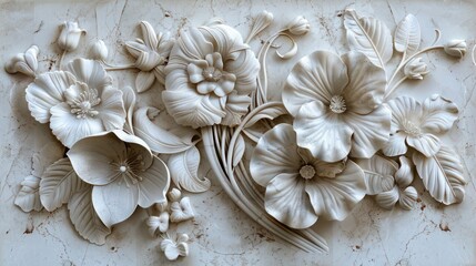 Screen wall made from sculpted marble, featuring an elegant floral relief that adds luxury to any space