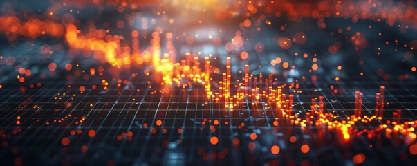 Abstract cityscape with glowing lights and a fiery glow.