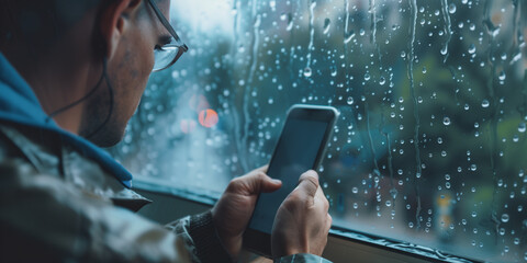 Weather forecast application. Man checking weather on smartphone