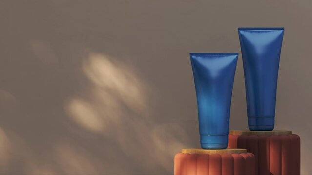 3D render animation 4K platform shows a variety of cosmetic products with a tree shadow on the back.