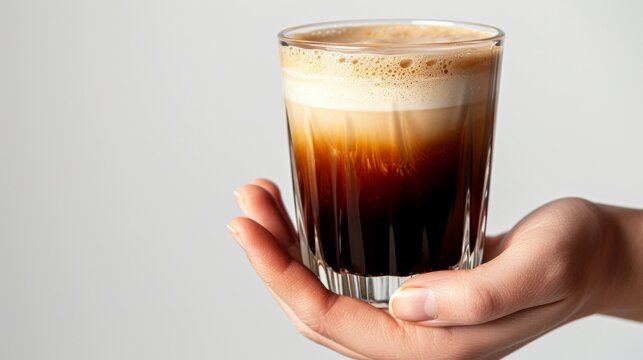 Product photo of nitro cold brew coffee in hand. Studio lighting.	