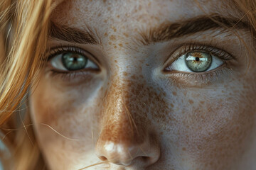Close up portrait of a redhead girl with freckles on her face