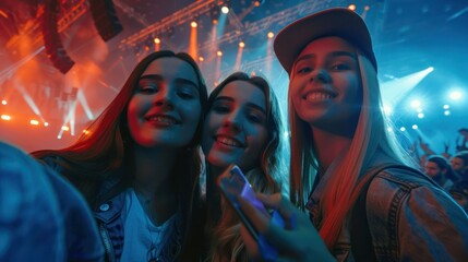 Selfie image of two young women at a concert in a giant indoor arena.