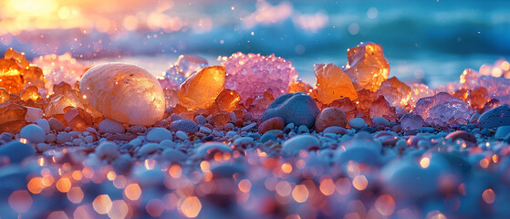 Close-up of multicolored crystals on the beach at sunset