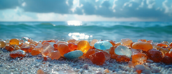 Close-up of multicolored crystals on the beach at sunset