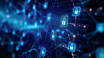 Obraz premium Cyber security and data protection concept information privacy and antivirus symbols with digital connections defense against viruses on a dark blue technological background 