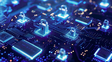 Obraz premium Cyber security and data protection concept locks on a blue integrated circuit representing firewall defense against hacker attacks 