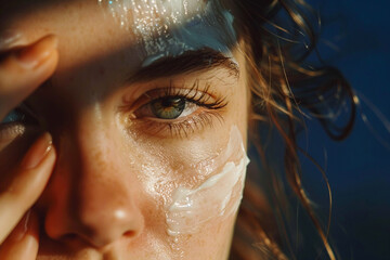 Beautiful young woman applying cosmetic cream on her face, closeup