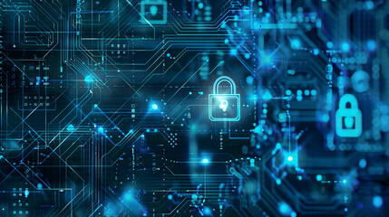 Obraz premium Cyber security and technology theme digital locks and circuit patterns on a modern blue background emphasizing network security and data protection 