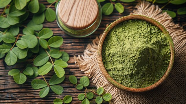 Bowl of moringa powder surrounded by fresh leaves on a rustic wooden surface. Generated AI.