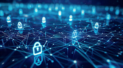 Obraz premium Cyber security technology digital lock icons with network connections blue background highlighting data protection and online security 