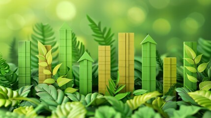 Financial documents with green bar charts and fresh leaves, environmental finance, sustainable growth, illustration background