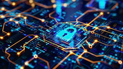 Cybersecurity and information/network protection portrayed in a futuristic context with advanced technology web services designed for business and internet projects