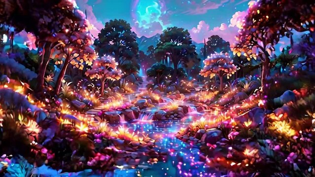 Tranquil heaven with celestial garden trees flowers of light serene pathway glowing stones

