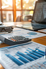 Calculator and financial documents on a office desk workplace, business and analytics concept