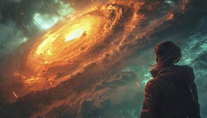 Obraz premium Person gazes at a mesmerizing, fiery vortex in the sky, blending elements of science fiction, fantasy, and cosmic wonders.