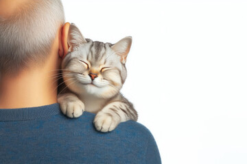 A happy cat sitting on a man's shoulder. Space for text.
