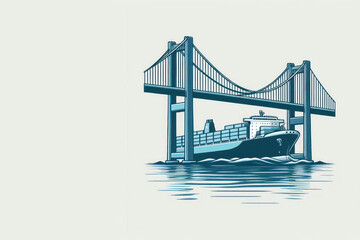 Obraz premium A cargo ship sailing under a bridge. Space for text.