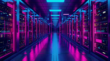Fototapeta premium Data center depicted with server racks in 3D concept illustration IT team works in server room with rows of supercomputers