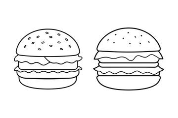 Hamburger with cheese, vegetables and cutlet. Fast food line art icon. American street food. Hand drawn doodle illustration