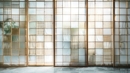 Screen wall made of woven bamboo with a translucent paper backing, providing soft light filtration and privacy