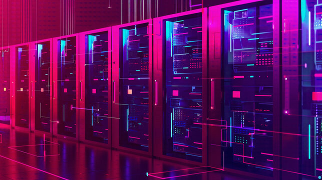 Data center depicted with server racks in 3D concept illustration IT personnel manage operations in server room with rows of supercomputers