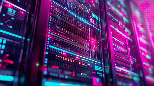 Data center depicted with server racks in 3D concept illustration IT personnel manage operations in server room with rows of supercomputers