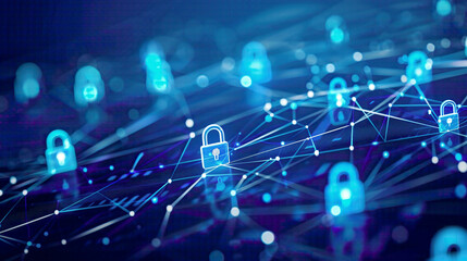 Digital cybersecurity and network protection concept digital lock icons and interconnected network lines 
