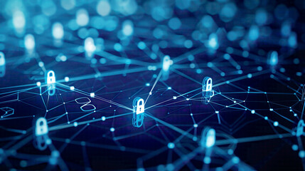 Digital data network and cyber security technology network connections with lock icons modern blue background emphasizing data protection 