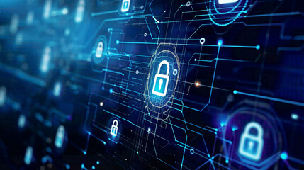 Digital representation of online data protection and cybersecurity information security theme with lock icons and network connections