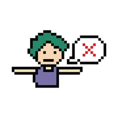 Cute pixel cartoon 8bit character man reject say no or deny stop decoration disapproval 8 bit male boy disagreement with game fitness isolated PNG vector.