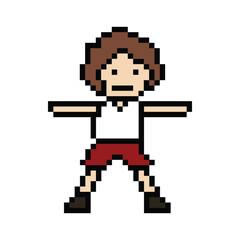 Fototapeta premium Cute pixel cartoon 8bit character man exercises training dance lifestyle music decoration life style 8 bit male boy dance with music game fitness isolated PNG vector.