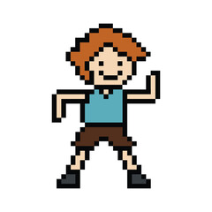 Fototapeta premium Cute pixel cartoon 8bit character man exercises training dance lifestyle music decoration life style 8 bit male boy dance with music game fitness isolated PNG vector.