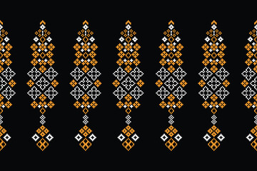 Traditional black ethnic motifs ikat geometric fabric pattern cross stitch.Ikat embroidery Ethnic oriental Pixel black background.Abstract,vector,illustration. Texture,decoration,wallpaper.