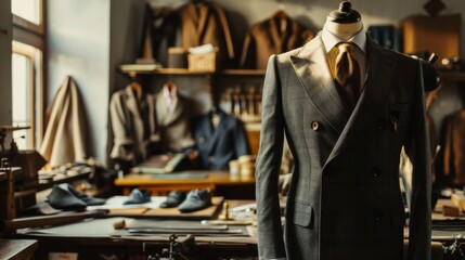 A skilled male tailor crafts a sophisticated business or wedding suit in a luxurious designer atelier. The mannequin displays a custom shirt, tie, and jacket, highlighting fashion and artisanal crafts