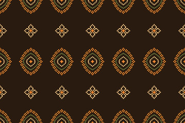 Traditional black ethnic motifs ikat geometric fabric pattern cross stitch.Ikat embroidery Ethnic oriental Pixel brown background.Abstract,vector,illustration. Texture,decoration,wallpaper.