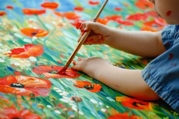 Naklejka premium Child hands paints a picture, kid drawing flowers by gouache, paint brush in hands, creative child art