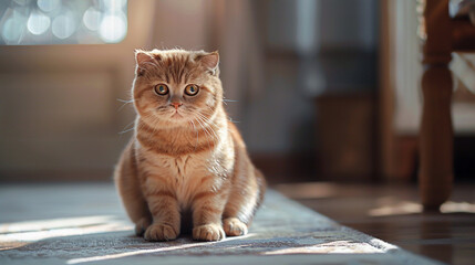 Cute ginger cat sitting on the floor and looking at the camera