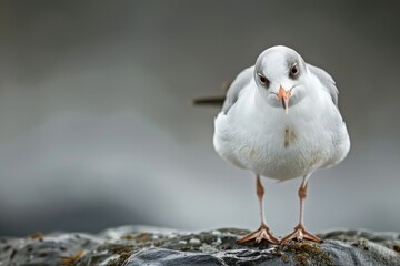 Obraz premium Young seagull, black headed gull outdoor, wild sea bird on blurred background, copy space