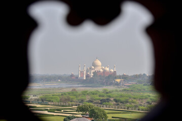 The beautiful view of Taj Mahal from Agra fort