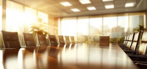A large conference table with a few chairs around it