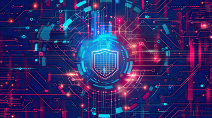 Illustration of a wide cyber security internet and networking concept presenting a hi-tech  composition with diverse technology elements 