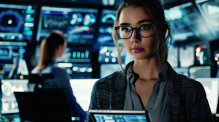 Fototapeta premium In a system control center a young female government employee wearing glasses is seen using a tablet Behind her coworkers are at their workspaces 