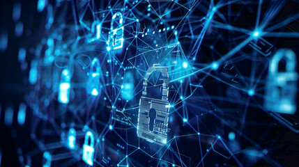Information privacy and cyber security internet technology theme with digital locks and interconnected networks modern blue digital background 