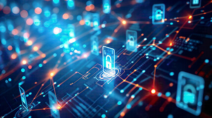 Internet security and firewall concept protecting user personal data information digital lock icons and network lines on a high-tech blue background highlighting cybersecurity 