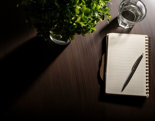 デスクに置かれたノートと一杯の水