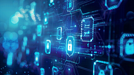 Obraz premium Internet technology and cyber security data protection and information privacy theme with lock icons and network symbols advanced digital blue background 