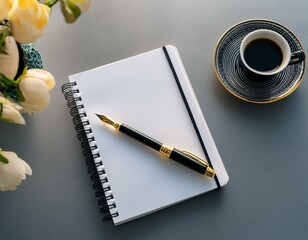 花の置かれたデスクに開かれたノートと万年筆