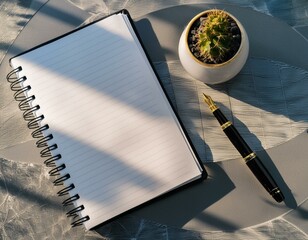 サボテンとノートの置かれた夕方のデスク