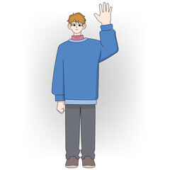 Friendly Cartoon Character Waving Hand in a Blue Sweater and Grey Pants